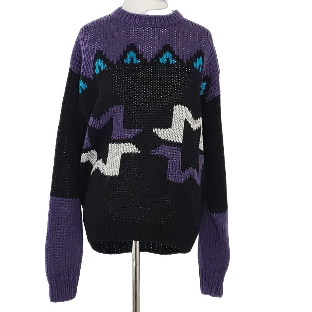 Vintage Ski Sweater Women Hand Knit Indie Slouchy Nordic Oversized Medium